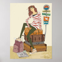 Portret van jonge vrouw die op een koffer zit