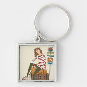 Portret van jonge vrouw die op een koffer zit sleutelhanger