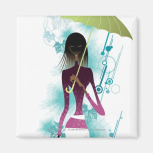 Portret van jonge vrouw met handtas en paraplu magneet