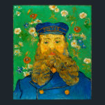 Portret van Joseph Roulin door Vincent Van Gogh Poster<br><div class="desc">Portret van Joseph Roulin door Vincent Van Gogh, olie op canvas 1889, is een schilderij van een rijpe man met lange, bruine baard in een blauw pet en postuniform met grote gouden knoppen tegen een decoratieve, gepatterde achtergrond van groen behangpapier met witte, gele, rode en blauwe bloemen. Toen hij in...</div>