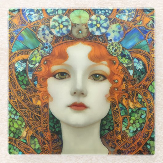 Portret van mooie vrouw in Glas in lood stijl Glazen Onderzetter (Voorkant)