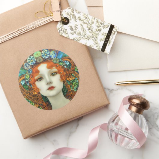 Portret van mooie vrouw in Glas in lood stijl Ronde Sticker (Geschenken)