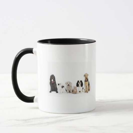 Portret van samen zittende katten en honden mok (Links)