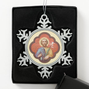 Portret van St. Jozef in een octofoil (TF 02) Tin Sneeuwvlok Ornament