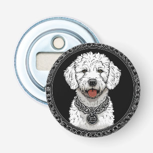 Portret van witte hond met kettinghalsband button flesopener