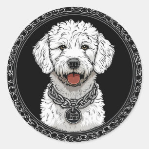 Portret van witte hond met kettinghalsband ronde sticker