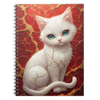Portret van witte kat op rode gouden craquelé acht notitieboek
