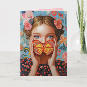 Portret vlindermeisje in een bloemenwonderland
