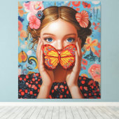 Portret vlindermeisje in een bloemenwonderland canvas afdruk (Insitu (Houten vloer))
