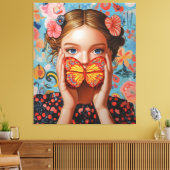Portret vlindermeisje in een bloemenwonderland canvas afdruk (Insitu (Woonkamer))