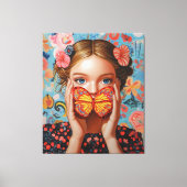 Portret vlindermeisje in een bloemenwonderland canvas afdruk (Voorkant)