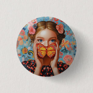 Portret vlindermeisje in een bloemenwonderland ronde button 3,2 cm