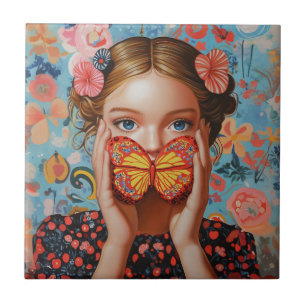 Portret vlindermeisje in een bloemenwonderland tegeltje