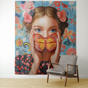 Portret vlindermeisje in een bloemenwonderland wandkleed