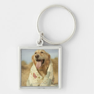 Portrethond op het strand onder een watje. Herfst Sleutelhanger