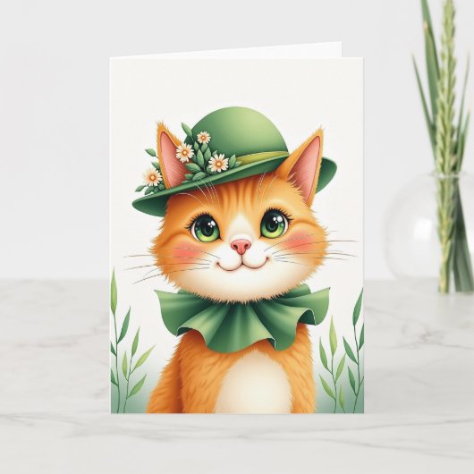 Portretkaart van kat met oranje vacht en bolhoed kaart (Voorkant)