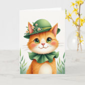 Portretkaart van kat met oranje vacht en bolhoed kaart (Gele Bloem)