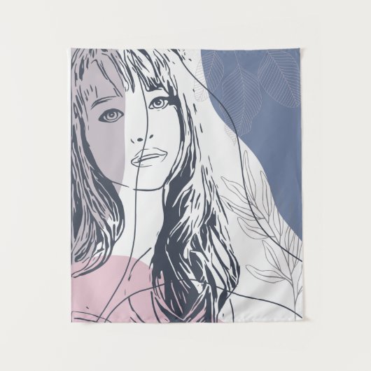 Portretschets, tropische planten, kleurrijke vorme wandkleed (Voorkant)