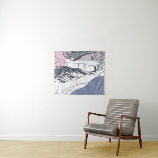 Portretschets, tropische planten, kleurrijke vorme wandkleed (In Situ (horizontaal))