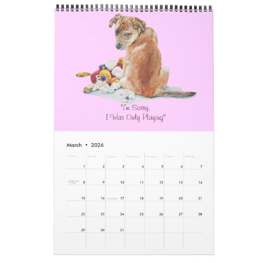 Portretschilderingen van schattige puppies en hond kalender (Mar 2026)