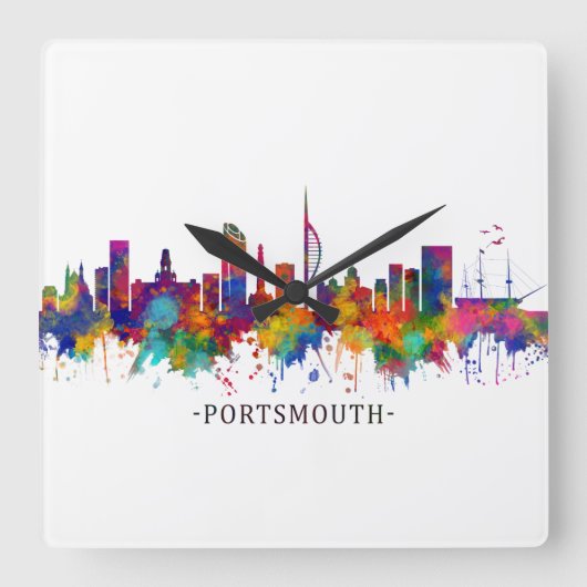 Portsmouth England Skyline Vierkante Klok (Voorkant)