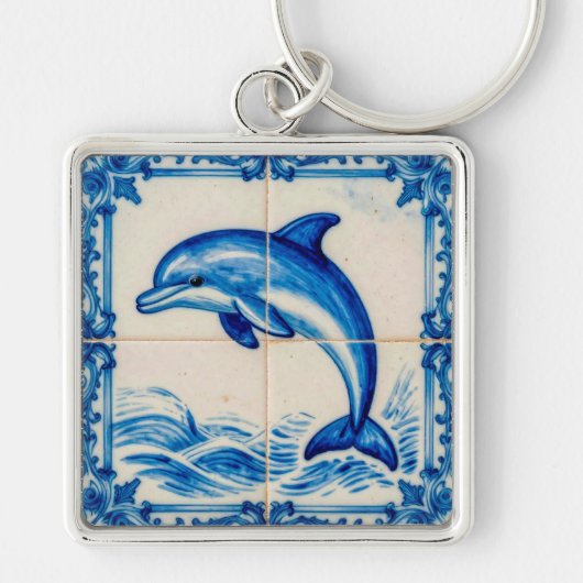 Portugal Azulejo Dolphin Ceramic Tile Style Keycha Sleutelhanger (Voorkant)
