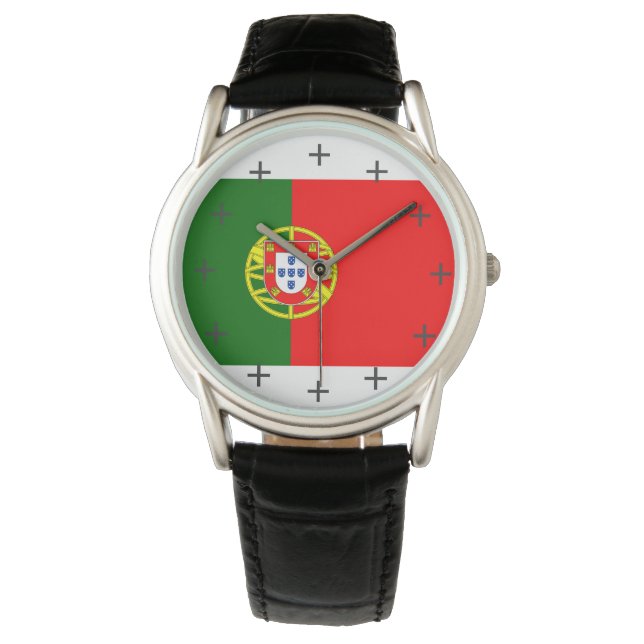 Portugal Custom Klassiek Zwart Leder Horloge (Voorkant)
