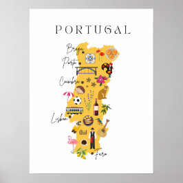 Portugal kaart met de belangrijkste steden en vers poster