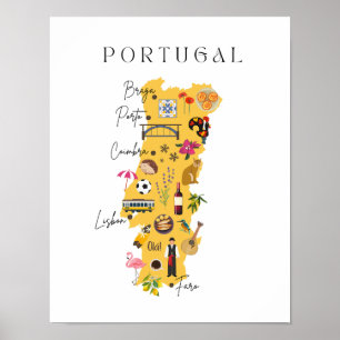 Portugal kaart met de belangrijkste steden en vers poster