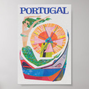 Portugal, Mermaid, Colorful Retro Vintage Travel Poster