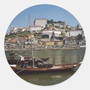 Portugal, Porto, Boot Met Wijnvaten Ronde Sticker