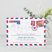 Portugal Red Blue Airmail Photo Baptisme Save The Date (Staand voorkant)