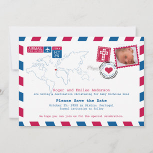 Portugal Red Blue Airmail Photo Baptisme Save The Date
