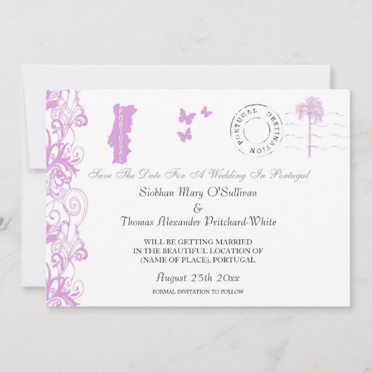 Portugal Save The Date in paars en wit (Voorkant)