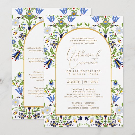 Portuge gebruik | Casamento Flores Azuis Rústicas Kaart (Voorkant / Achterkant)