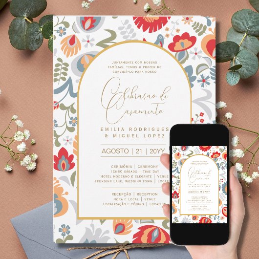 Portuge gebruik | Casamento Flores Vermelha Rústic Kaart