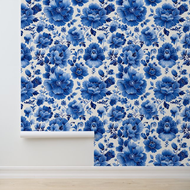 Portugees Azulejo Blauw Bloemen Delfts Tegel Patro Behang (Applicatie)