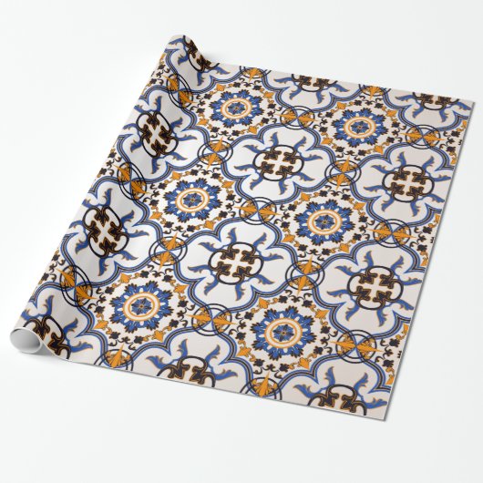  Portugees Azulejo Blue Yellow Pattern Cadeaupapier (Uitgerold)