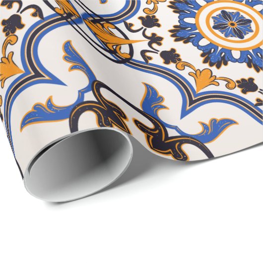 Portugees Azulejo Blue Yellow Pattern Cadeaupapier (Rol Hoek)