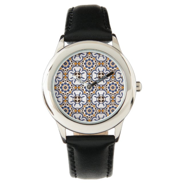  Portugees Azulejo Blue Yellow Pattern Horloge (Voorkant)