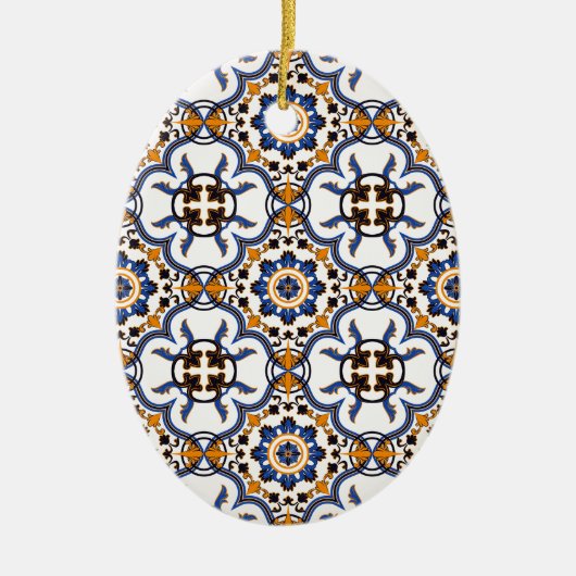 Portugees Azulejo Blue Yellow Pattern Keramisch Ornament (Voorkant)