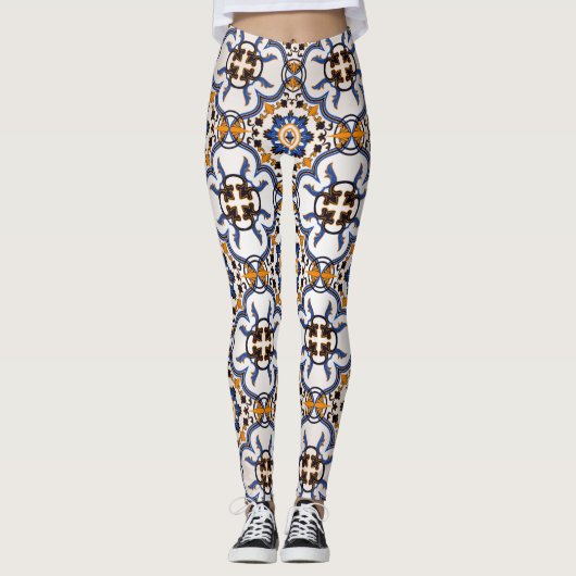 Portugees Azulejo Blue Yellow Pattern Leggings (Voorkant)