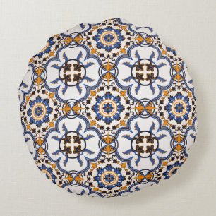  Portugees Azulejo Blue Yellow Pattern Rond Kussen