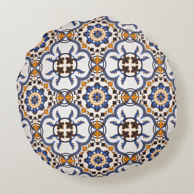  Portugees Azulejo Blue Yellow Pattern Rond Kussen (Achterkant)