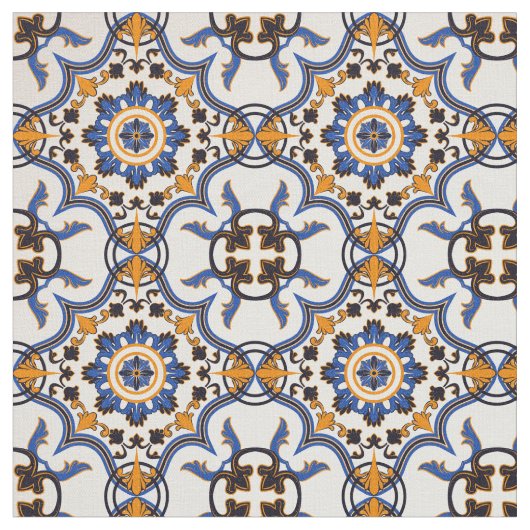 Portugees Azulejo Blue Yellow Pattern Stof (Close Up)