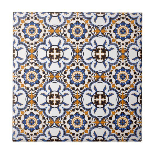  Portugees Azulejo Blue Yellow Pattern Tegeltje (Voorkant)