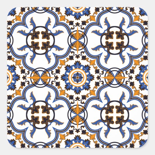 Portugees Azulejo Blue Yellow Pattern Vierkante Sticker (Voorkant)