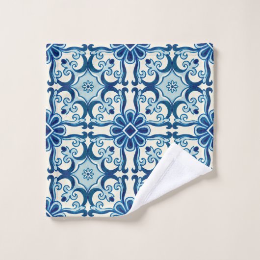 Portugees Azulejos Blue Floral Tile Pattern Bad Handdoek (Wasdoekje)