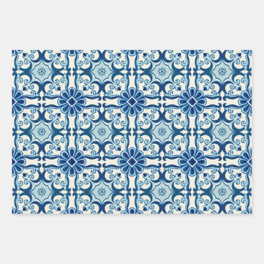 Portugees Azulejos Blue Floral Tile Pattern Inpakpapier Vel (Voorkant 3)