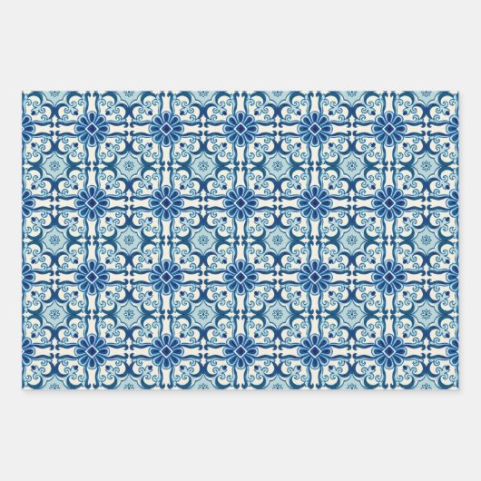 Portugees Azulejos Blue Floral Tile Pattern Inpakpapier Vel (Voorkant 2)